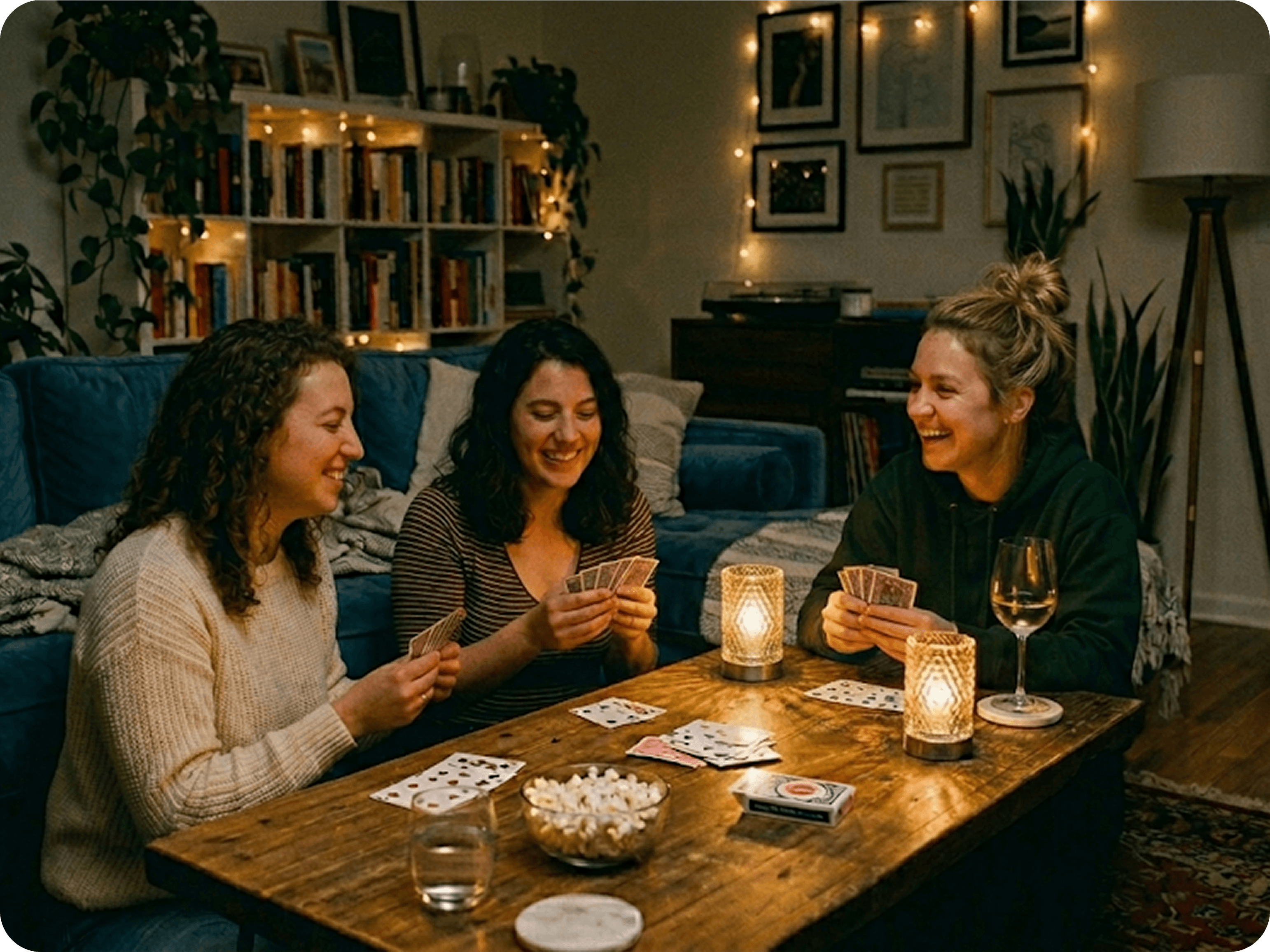 Three friends playing cards in a house they co-bought together